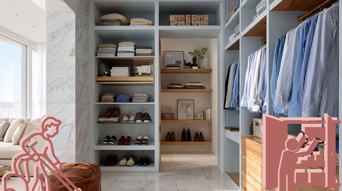 A photo of a closet. Superimposed over the closet are stick figures sweeping and organizing a closet. A step-by-step guide on cleaning, organizing, and maintaining your closet.