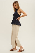 Smocked High Neck Peplum Tank
