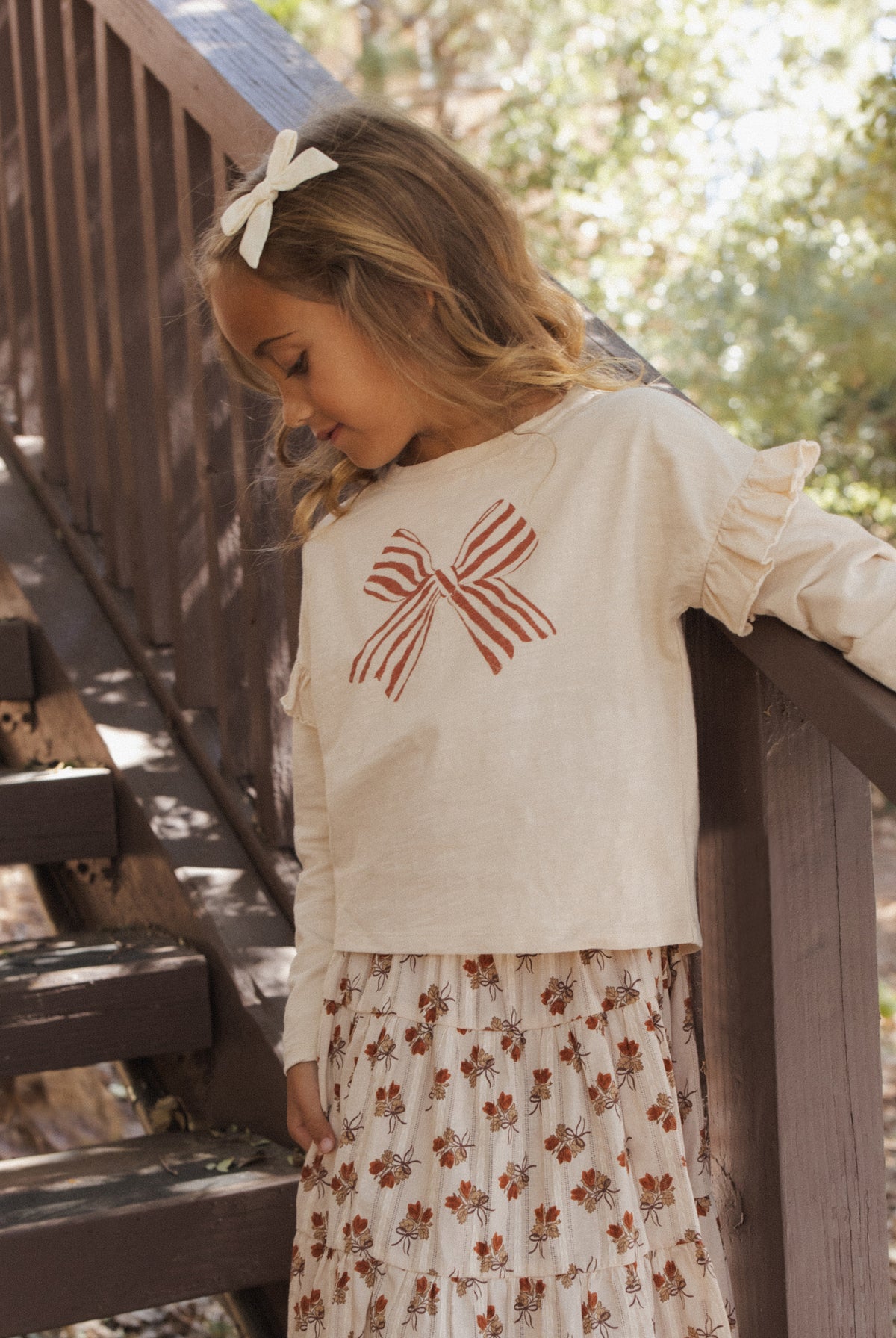 Rylee + Cru Girl's Ruffle Long Sleeve Tee | Bow Lifestyle Model Portrait