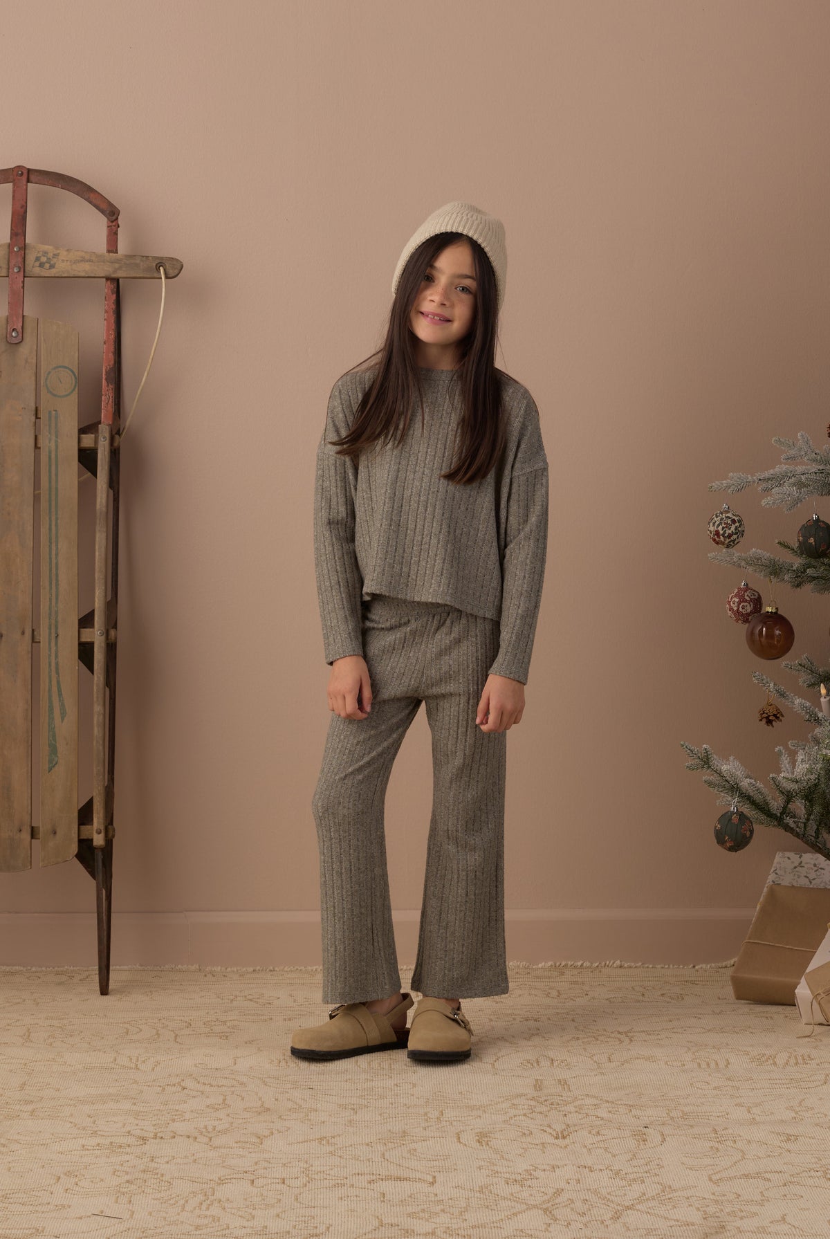 Rylee + Cru Girl's Cozy Rib Knit Set | Evergreen Model Full Length Studio Photo