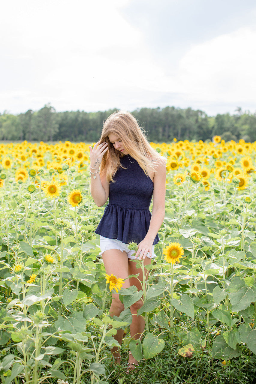 Smocked High Neck Peplum Tank