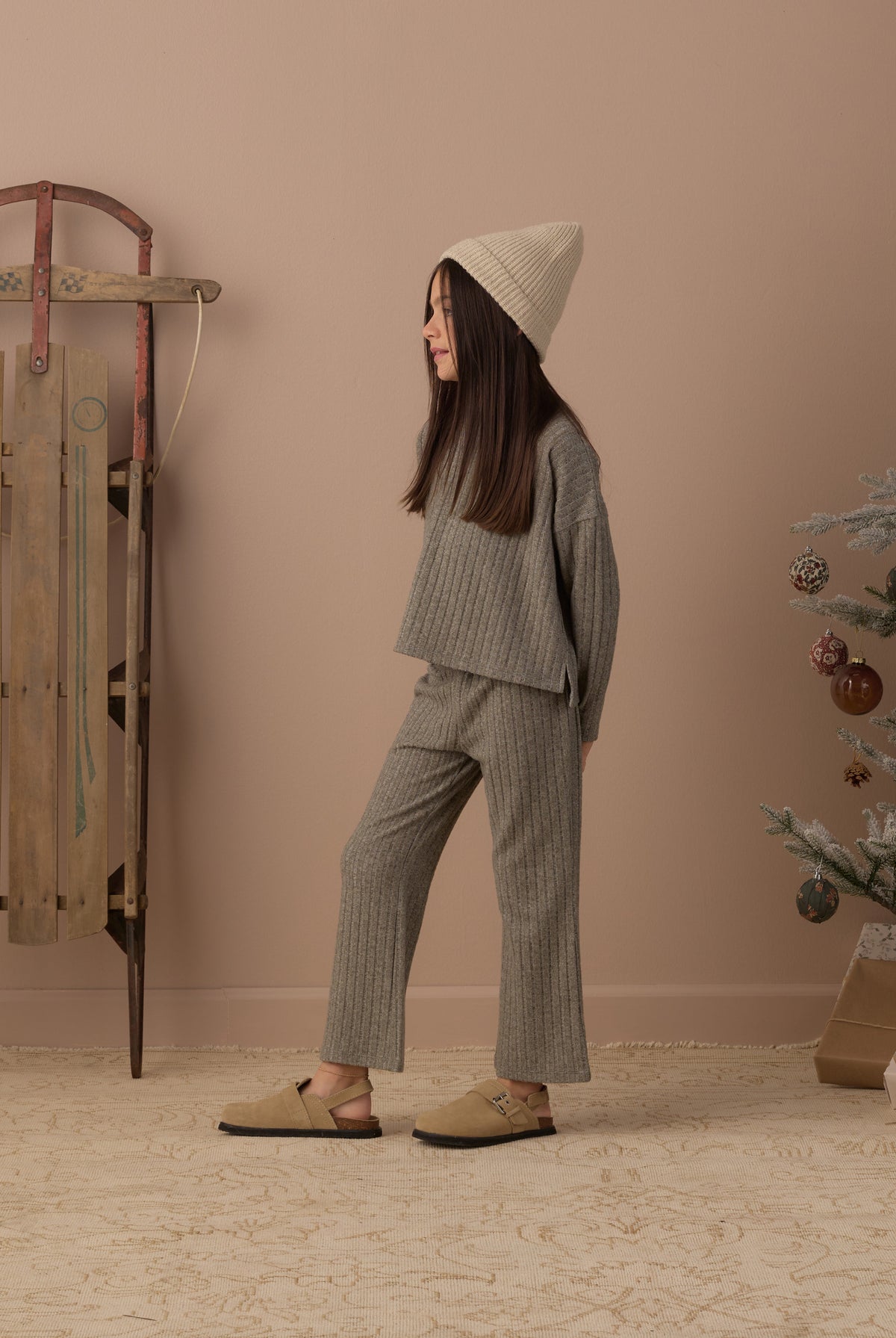 Rylee + Cru Girl's Cozy Rib Knit Set | Evergreen Side View