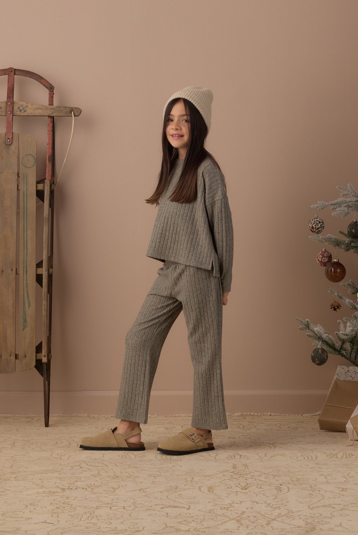 Rylee + Cru Girl's Cozy Rib Knit Set | Evergreen Model Studio Photo