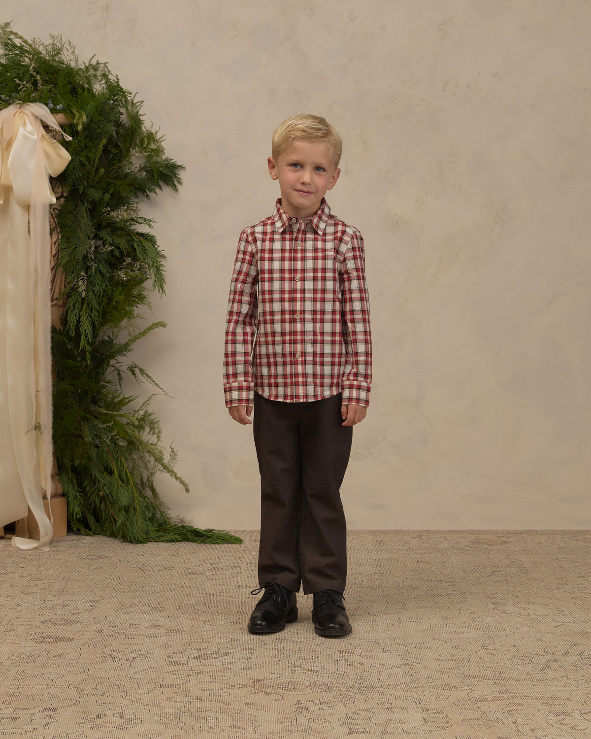 Noralee Harrison Button-Down in Holiday Tartan studio model full length photo