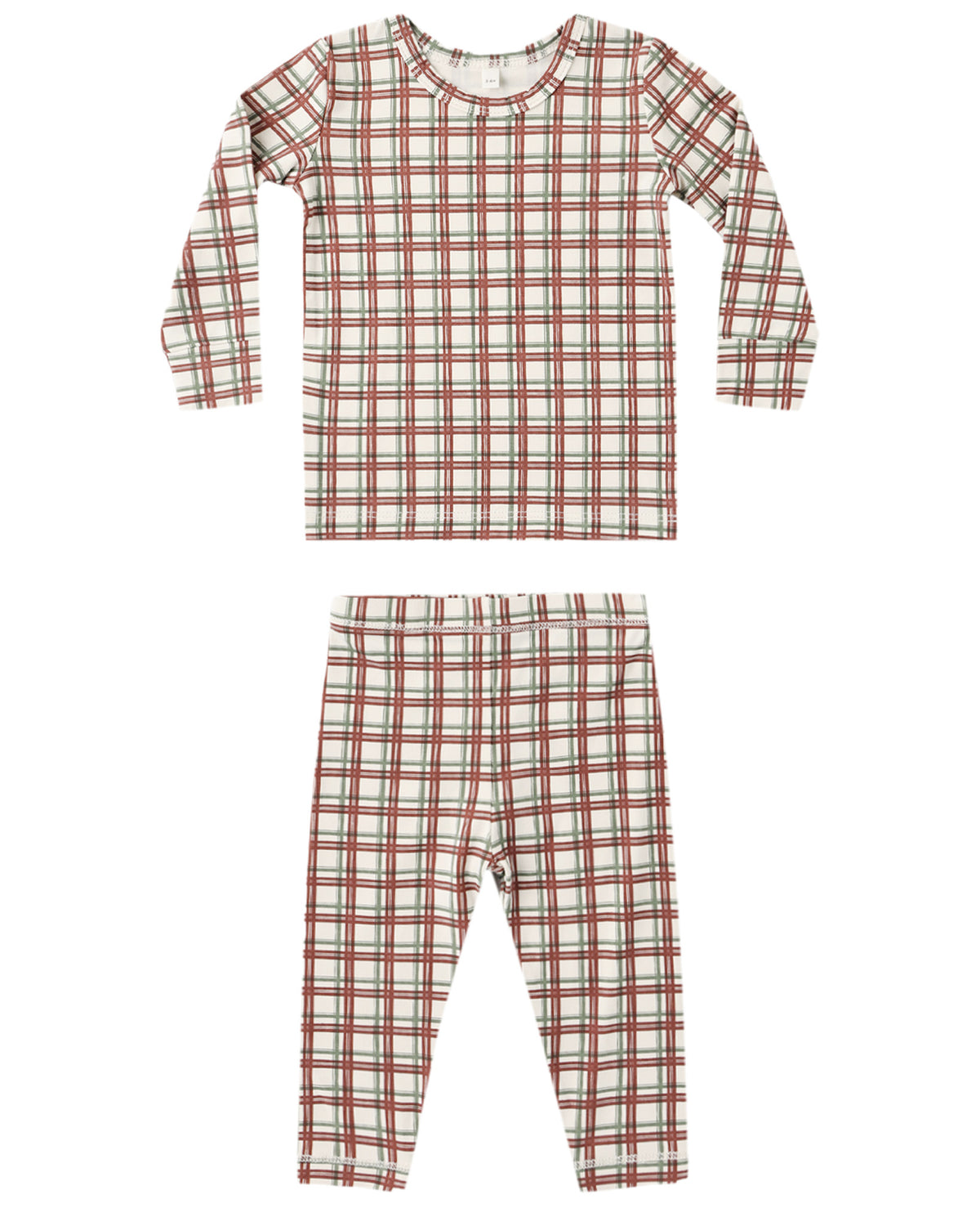 Quincy Mae Baby Bamboo Pajama Set in Redwood Check flat lay