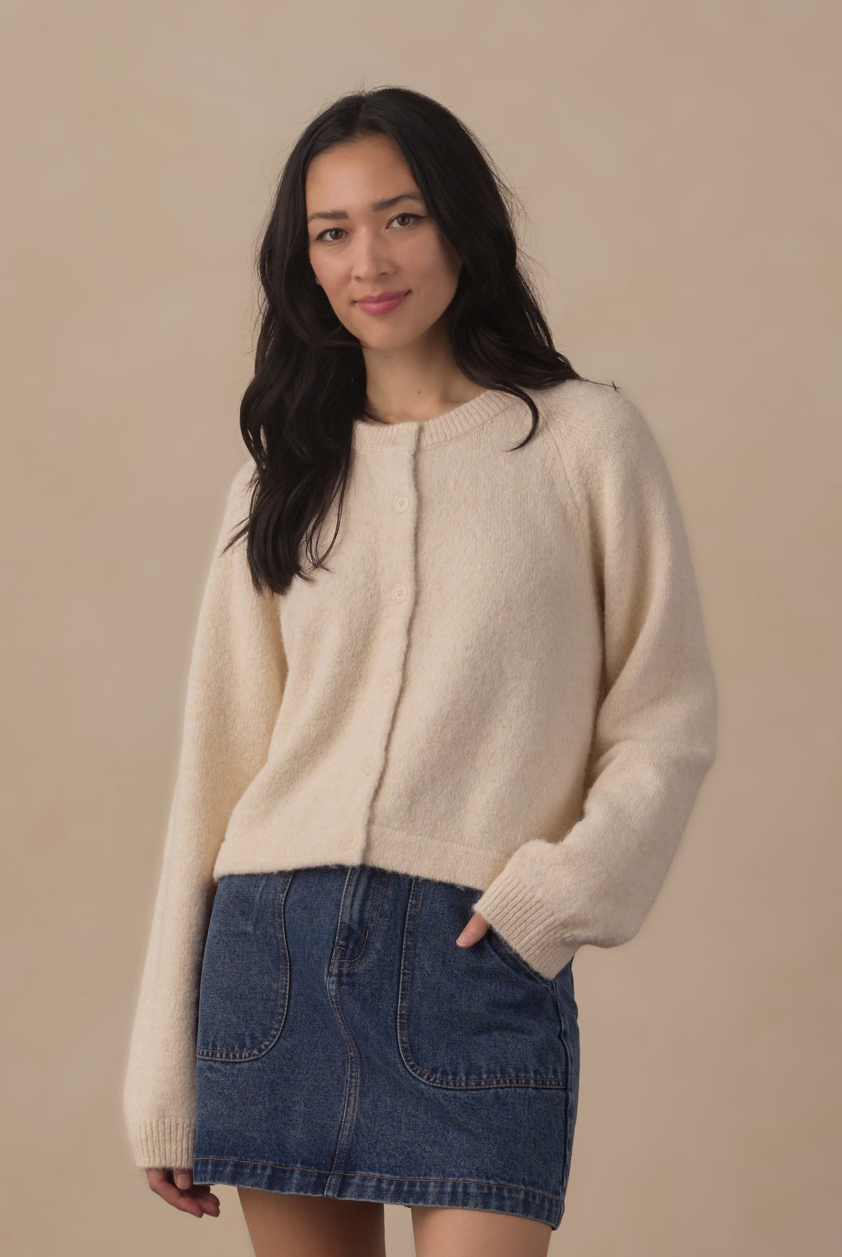 Rylee + Cru Women's Fuzzy Cardigan || Natural styled with denim skirt