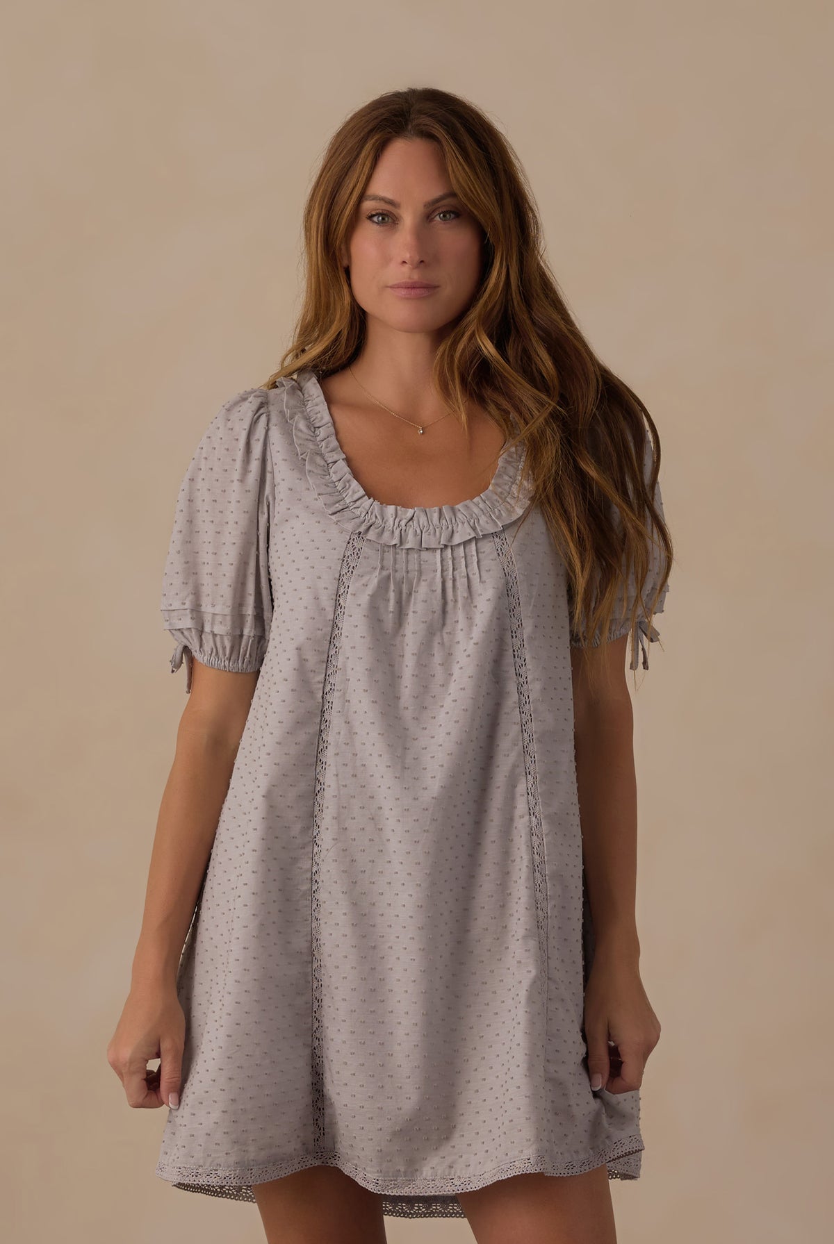 Close up model wearing the Rylee + Cru Women's Shiloh Dress | Dusty Blue