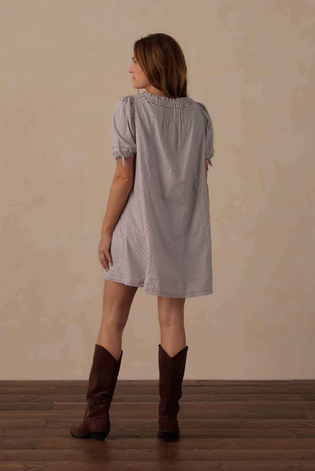 Rear view of the Rylee + Cru Women's Shiloh Dress | Dusty Blue