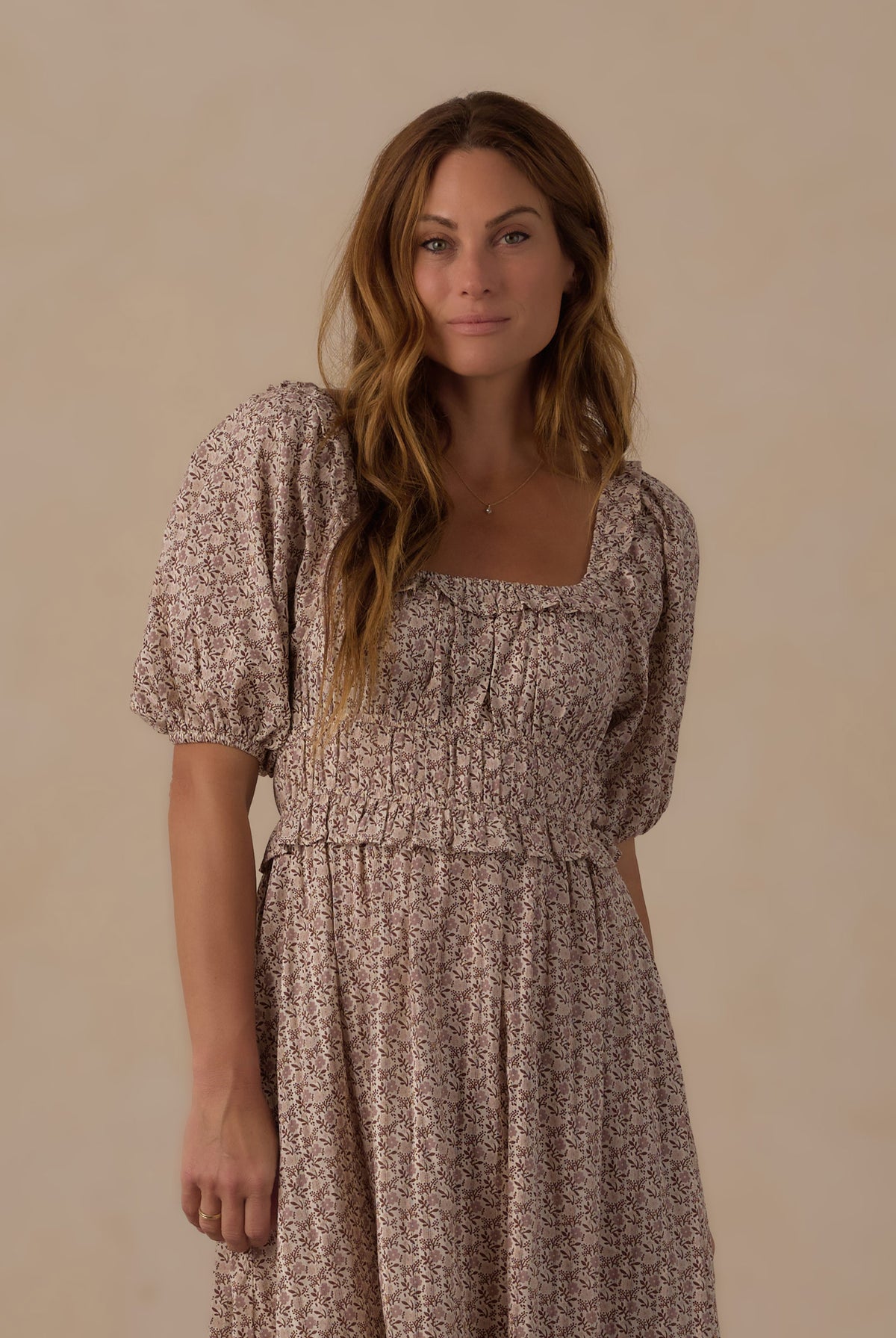 Close up model wearing the Rylee + Cru Women's Tenley Dress || Primrose