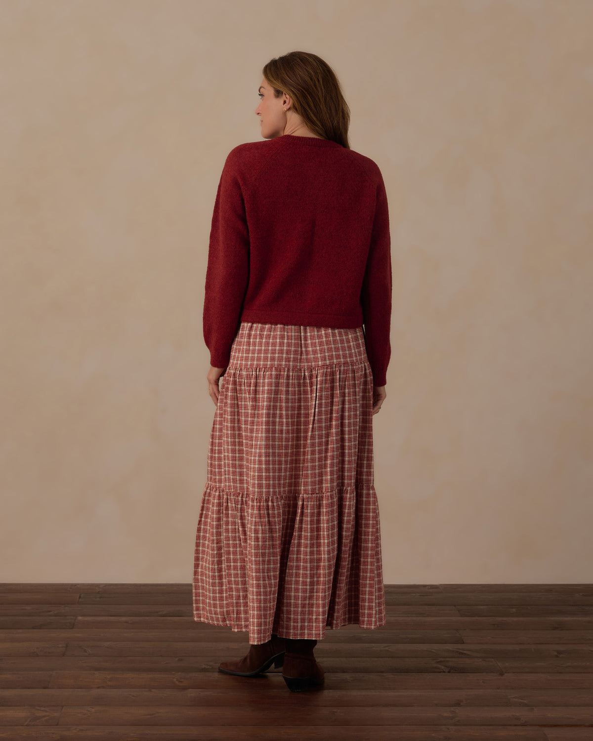 Rylee + Cru Women's Tiered Midi Skirt | Vintage Plaid rear side