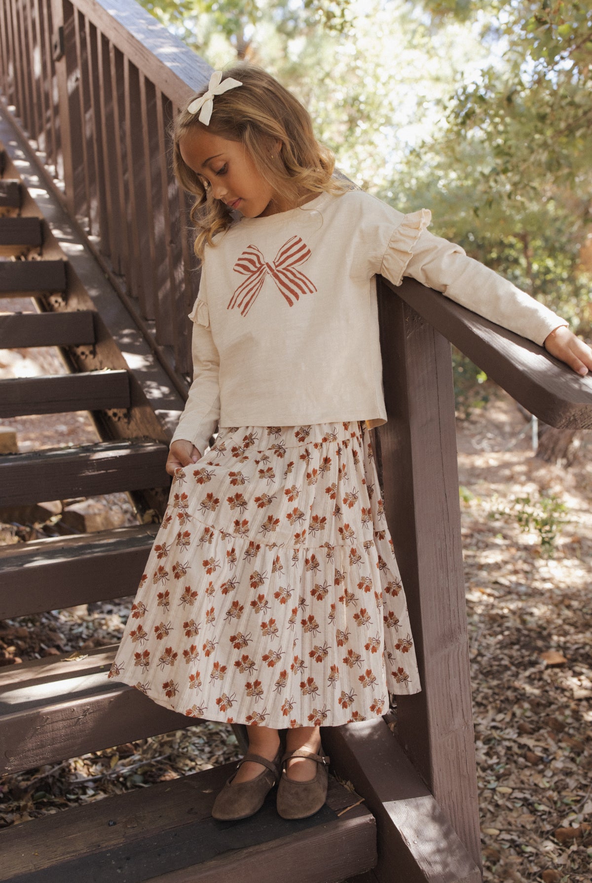 Rylee + Cru Girl's Ruffle Long Sleeve Tee | Bow Full Length Model Photo Lifestyle
