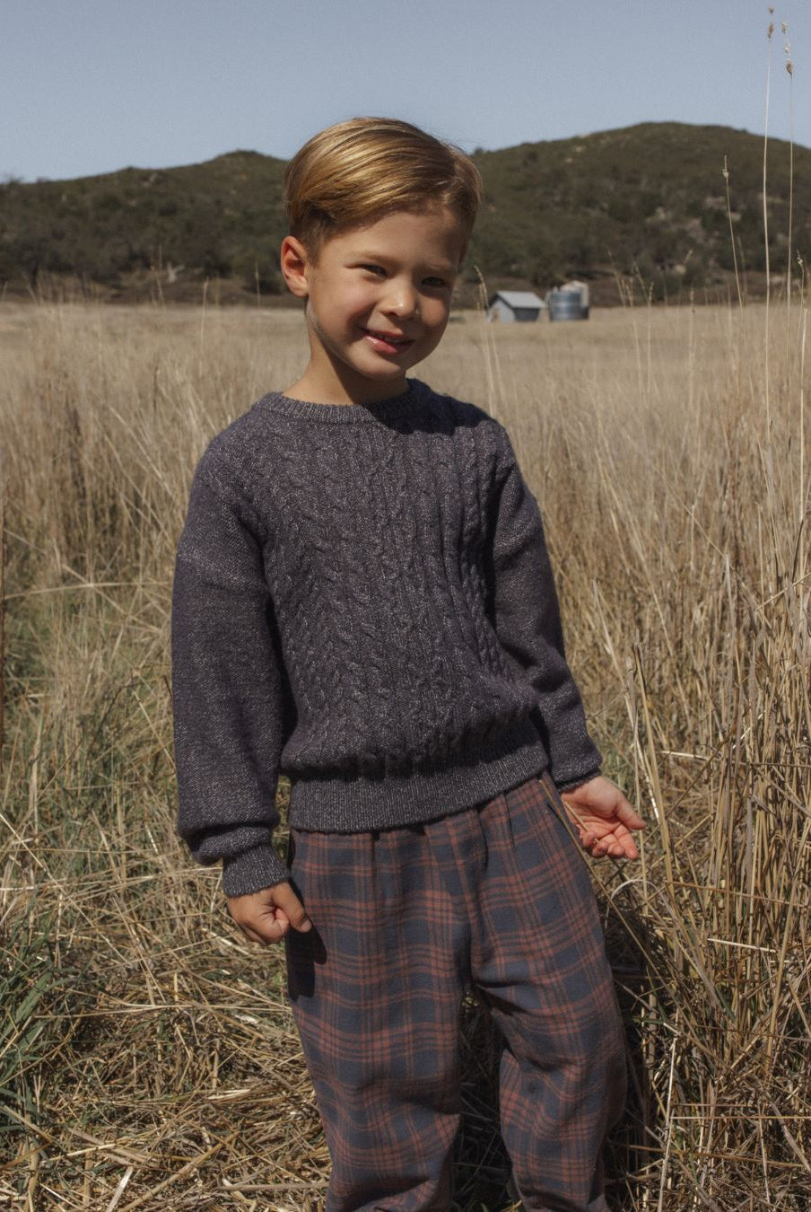 Front view of boy modeling the Rylee + Cru Aspen Sweater | Midnight