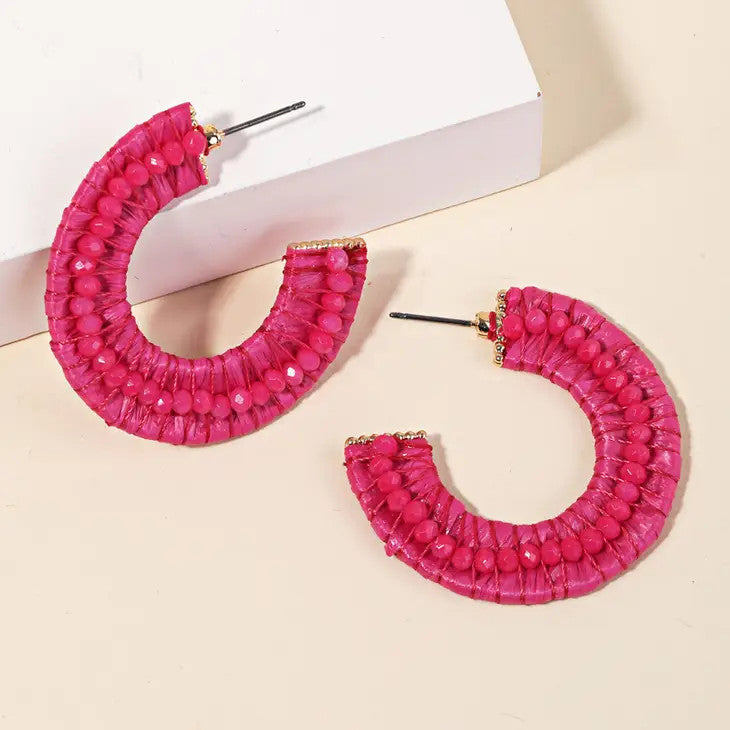 Hot Pink Raffia Beaded Hoop