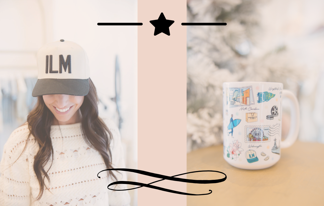 Depiction of merchandise from our Locals Collection. There is an ILM Hat and a mug with custom-made Wilmington Art. The emphasis is shopping small and supporting local businesses.