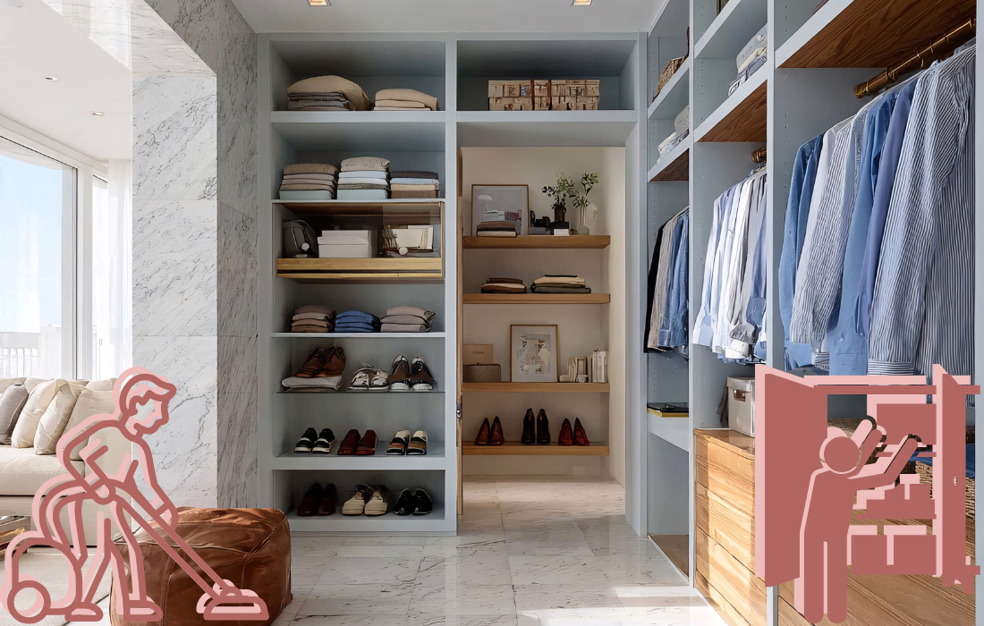 A photo of a closet. Superimposed over the closet are stick figures sweeping and organizing a closet. A step-by-step guide on cleaning, organizing, and maintaining your closet.
