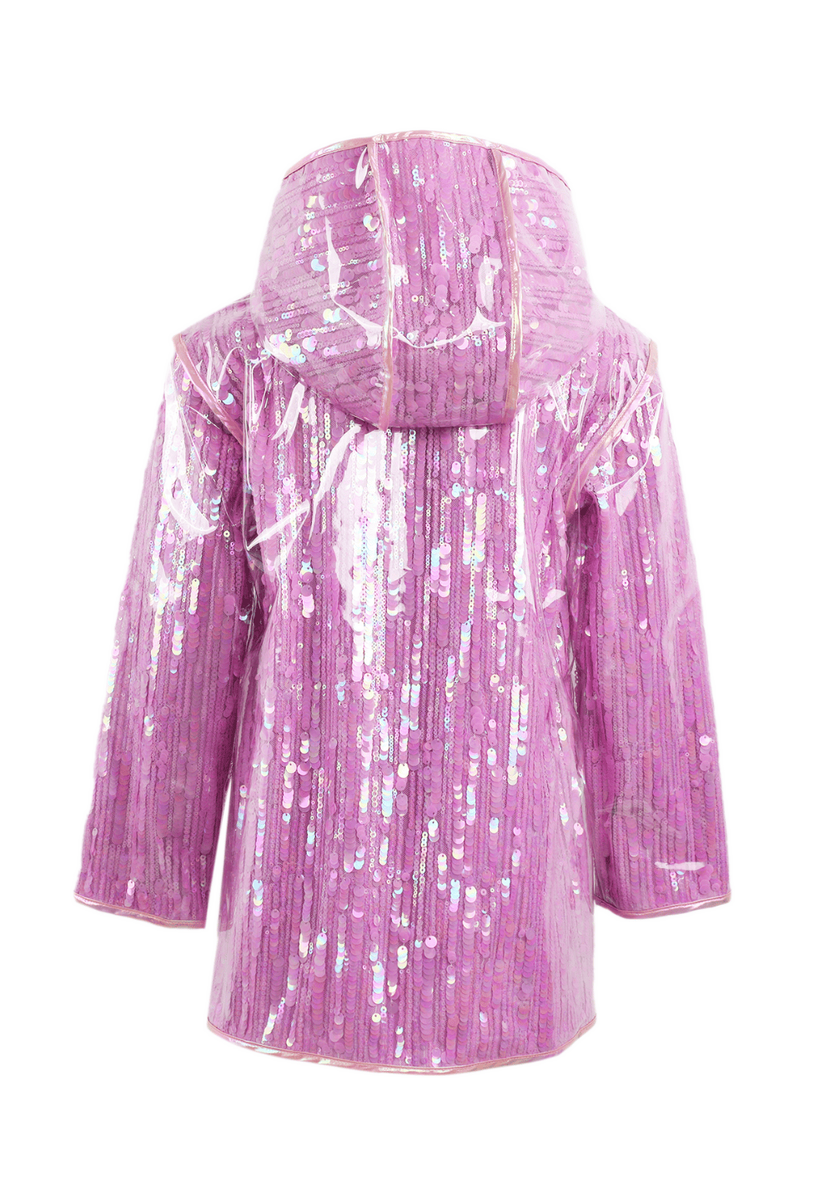 Lola and the Boys Lavender Sequin Rain Jacket flat lay, reverse side