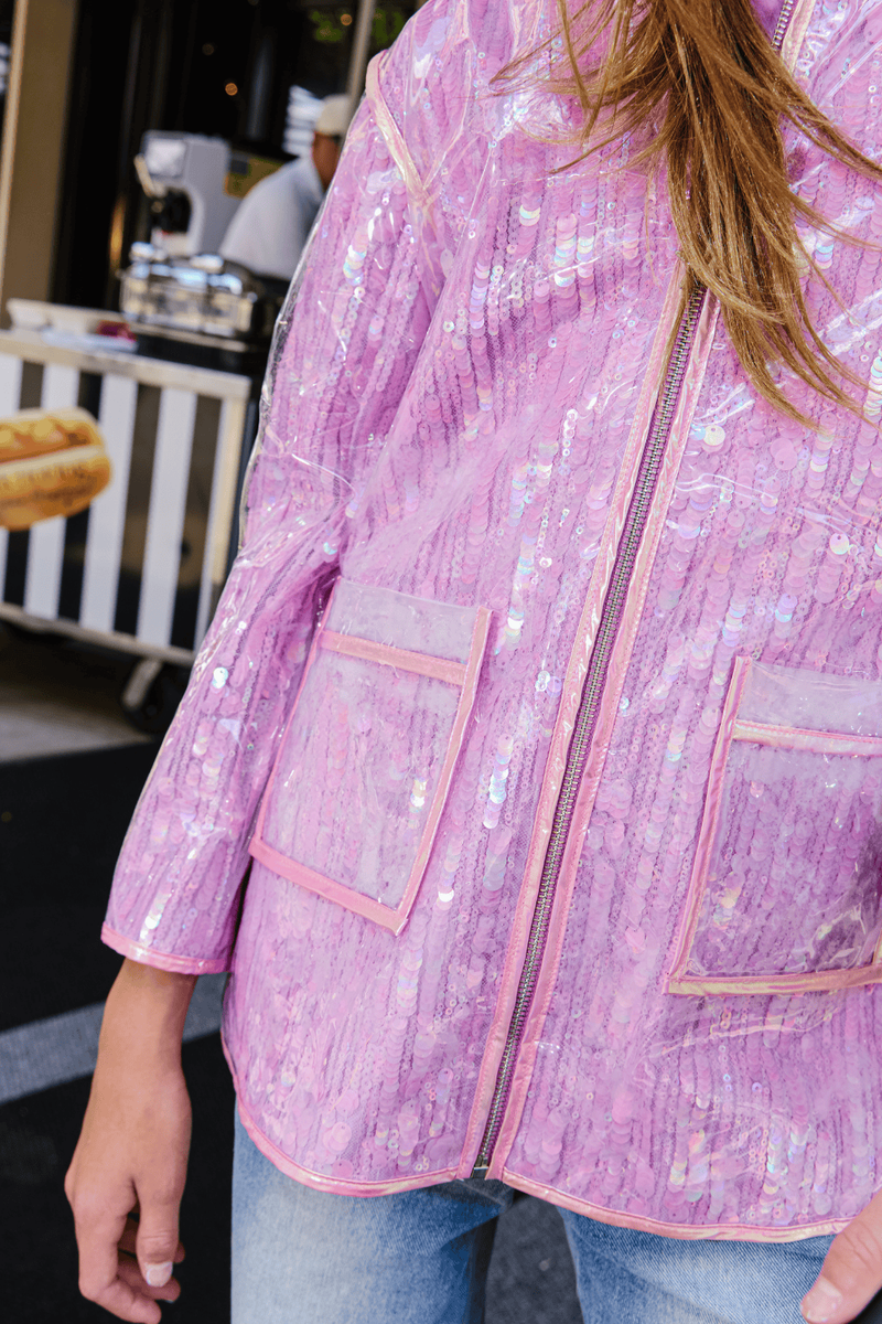 Lola and the Boys Lavender Sequin Rain Jacket close up detail