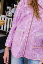 Lola and the Boys Lavender Sequin Rain Jacket close up detail