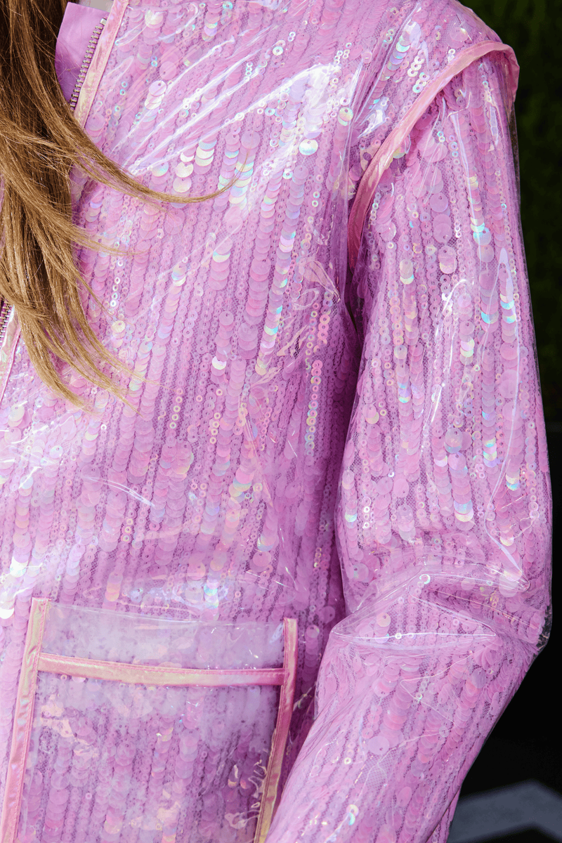 Lola and the Boys Lavender Sequin Rain Jacket close up detail photo showing sequins
