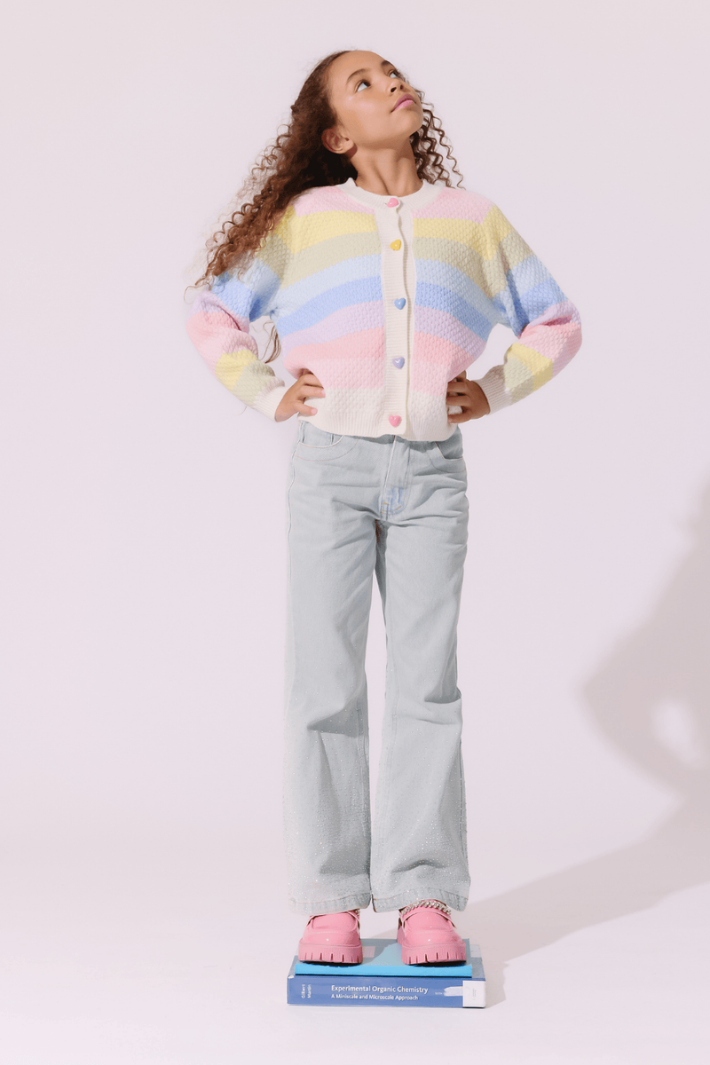 Lola and the Boys Pastel Rainbow Knit Cardigan studio model photo