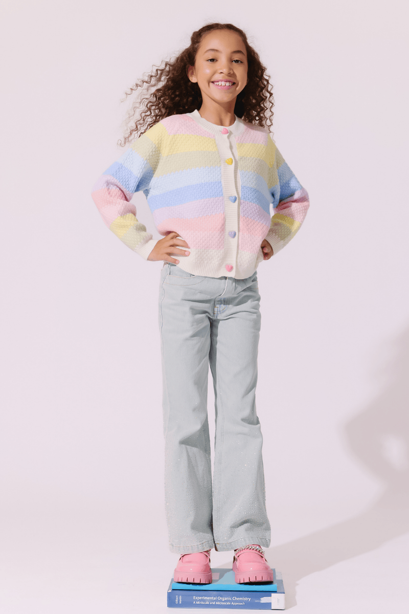 Lola and the Boys Pastel Rainbow Knit Cardigan fell length model studio photo