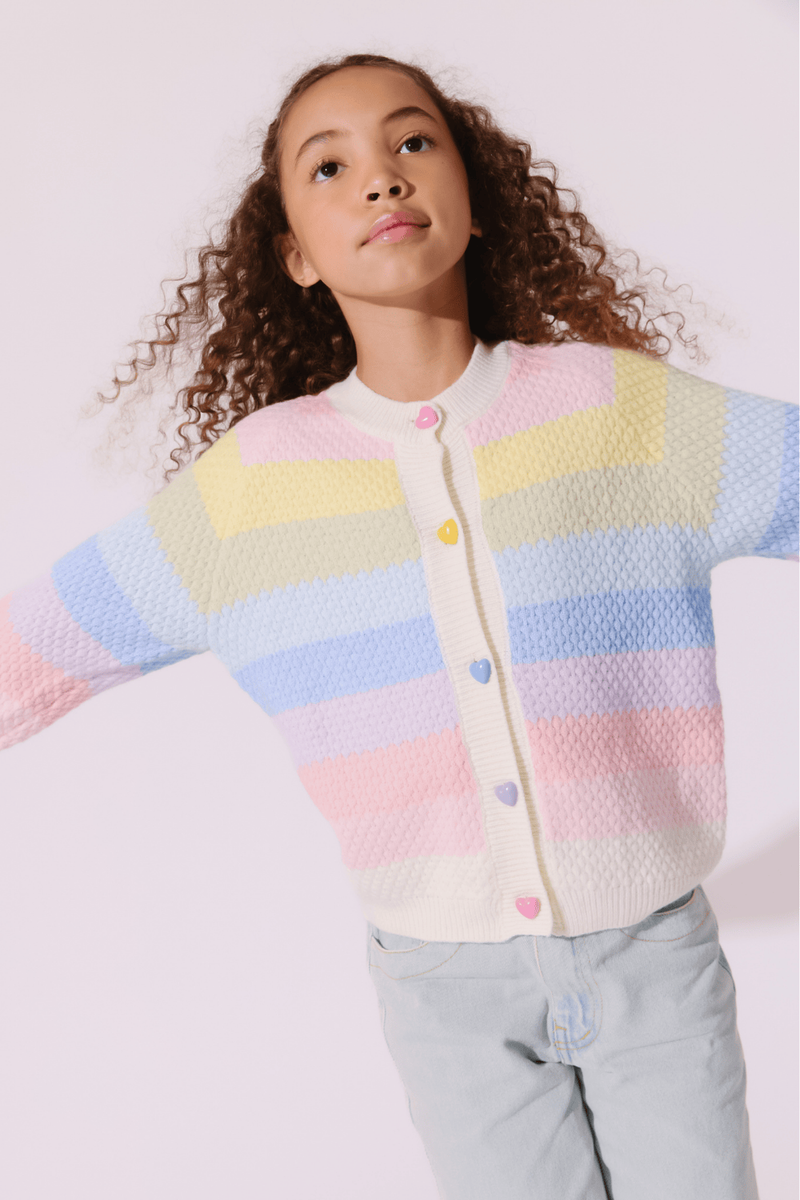 Lola and the Boys Pastel Rainbow Knit Cardigan studio model portrait