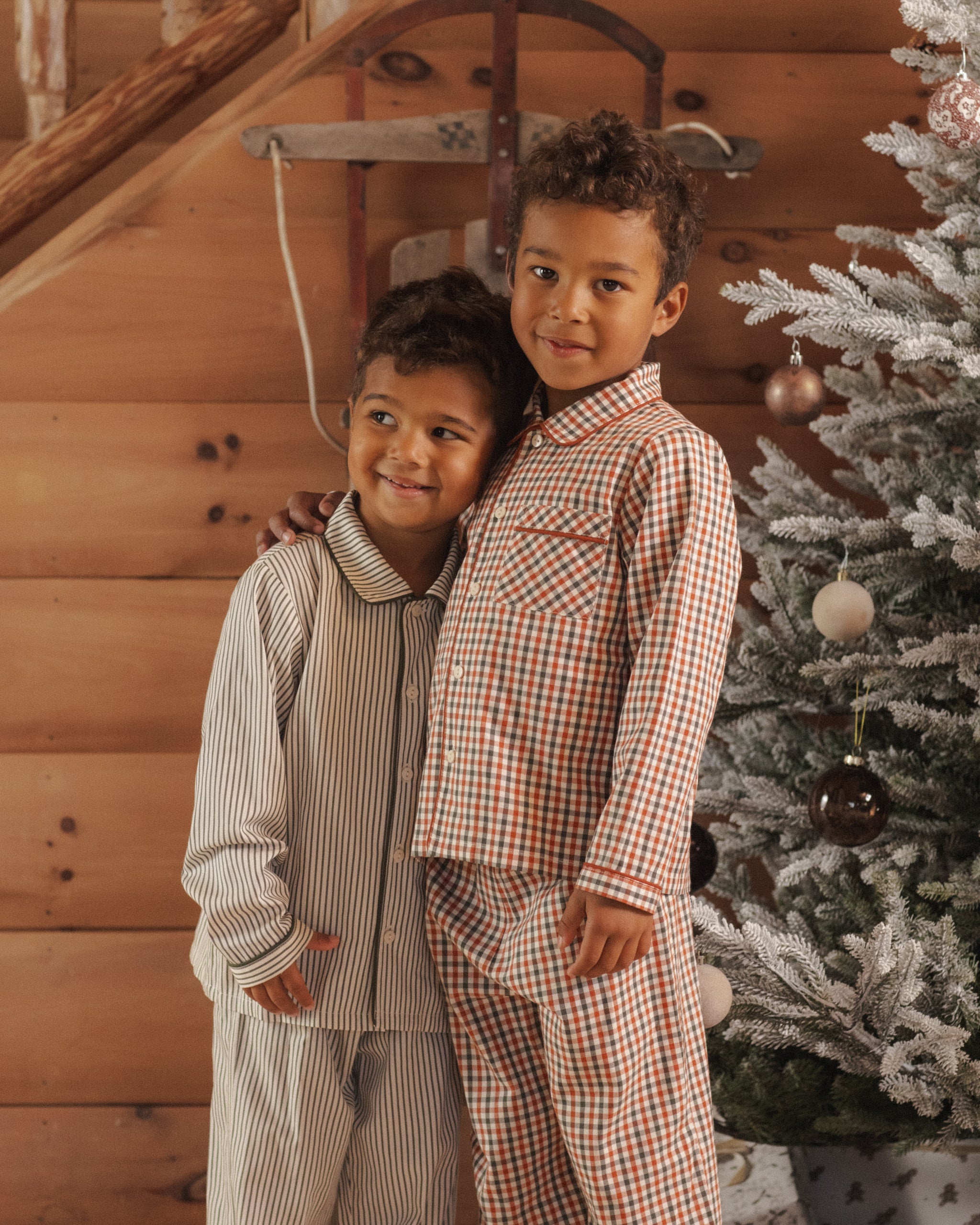 Family Matching Christmas Pajamas Rylee + Cru Long Sleeve Pajamas | Holiday Gingham and Rylee + Cru Boy's Long Sleeve Pajamas | Evergreen Stripes Brothers Pajamas