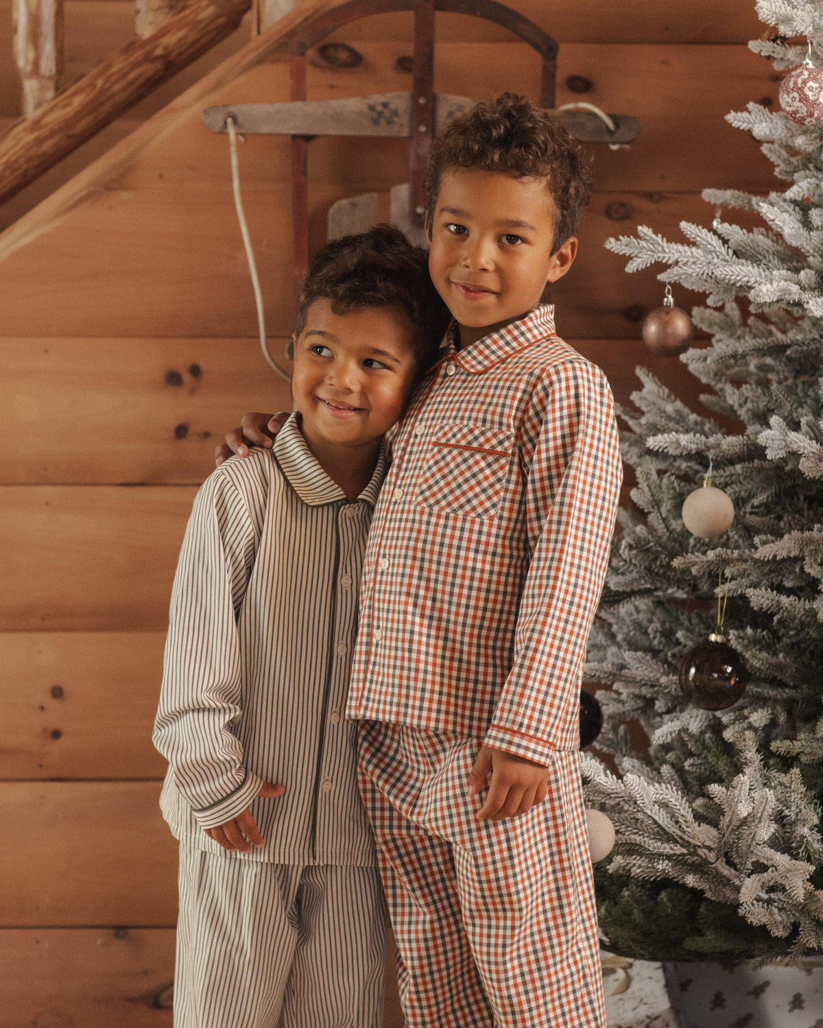 Family Matching Christmas Pajamas Rylee + Cru Long Sleeve Pajamas | Holiday Gingham and Rylee + Cru Boy's Long Sleeve Pajamas | Evergreen Stripes Brothers Pajamas