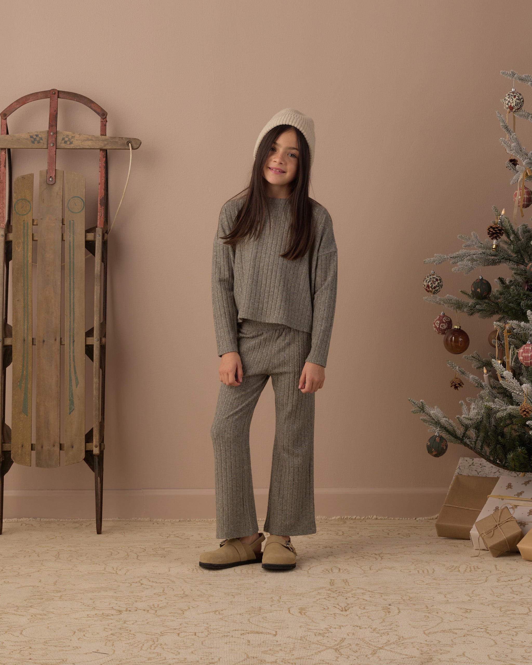 Rylee + Cru Girl's Cozy Rib Knit Set | Evergreen Model Full Length Studio Photo