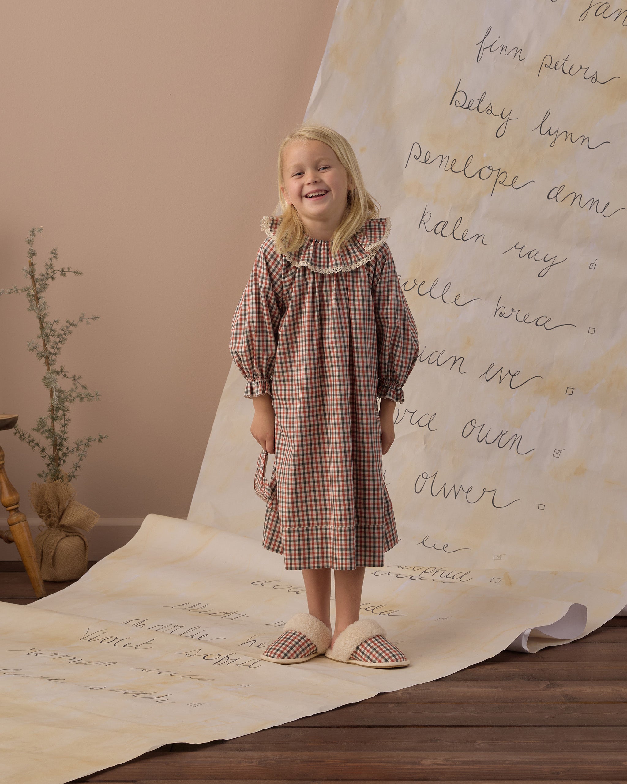 Rylee + Cru Girl's Nightgown | Holiday Gingham full length model studio