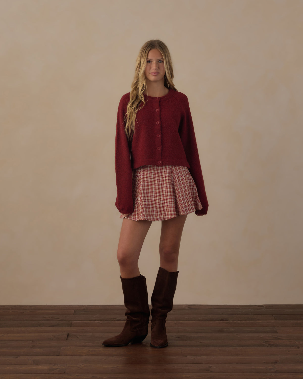 Rylee + Cru Teen Rachel Skirt | Vintage Plaid and Teen Fuzzy Cardigan | Ruby