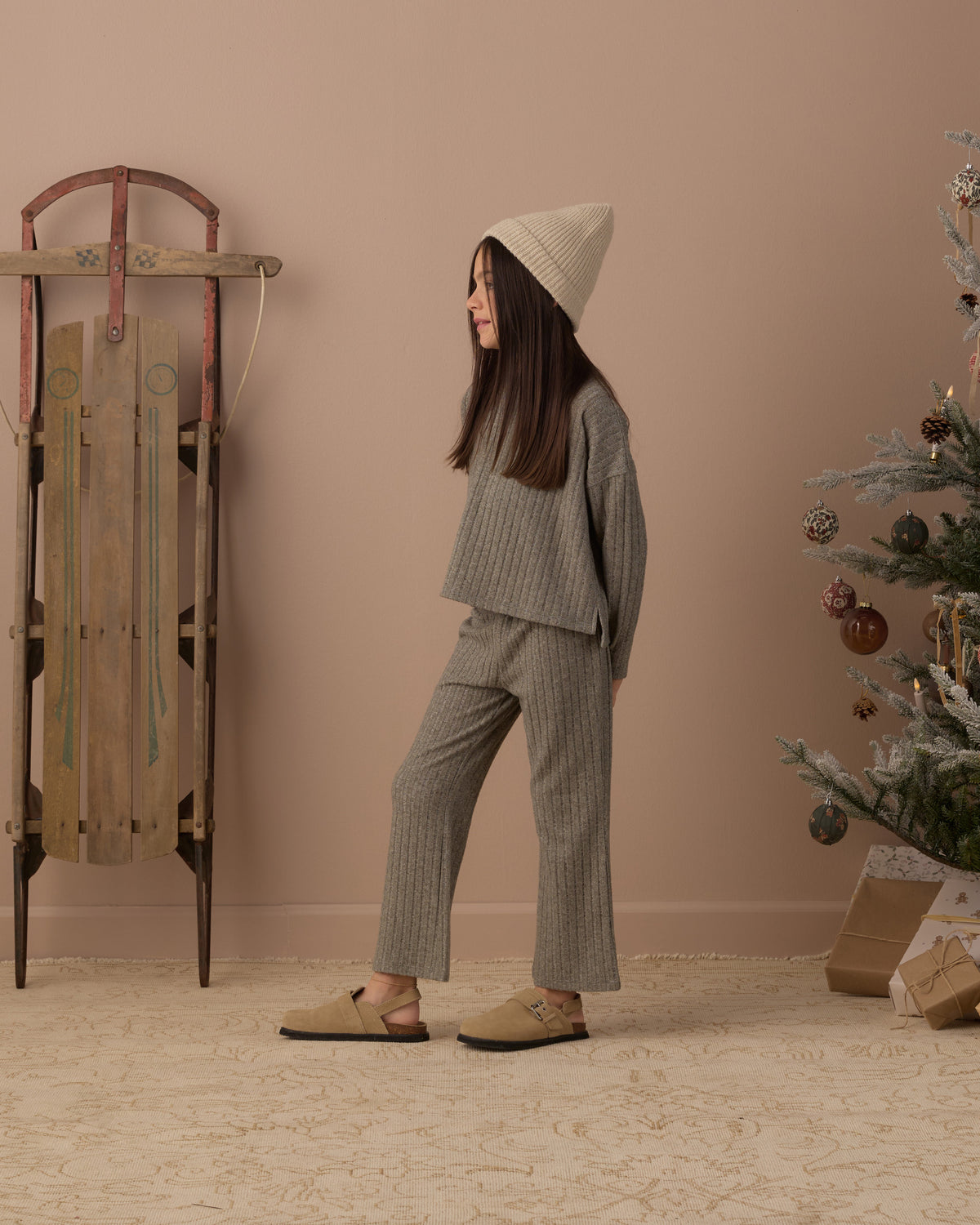 Rylee + Cru Girl's Cozy Rib Knit Set | Evergreen Side View