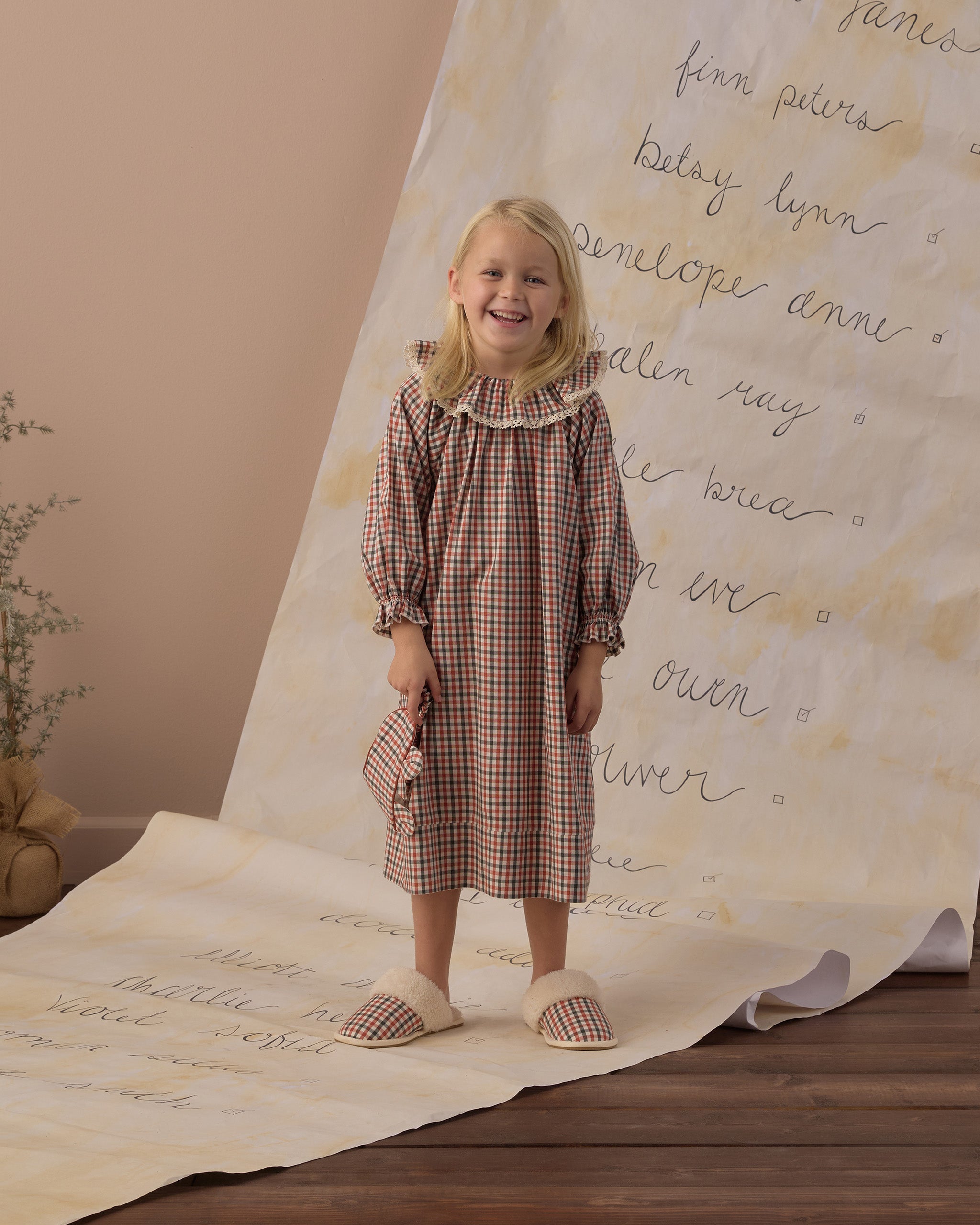 Rylee + Cru Girl's Nightgown | Holiday Gingham model full length
