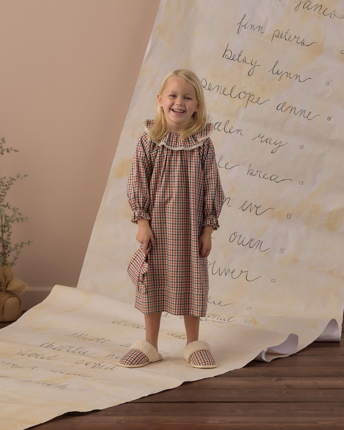 Rylee + Cru Girl's Nightgown | Holiday Gingham model full length