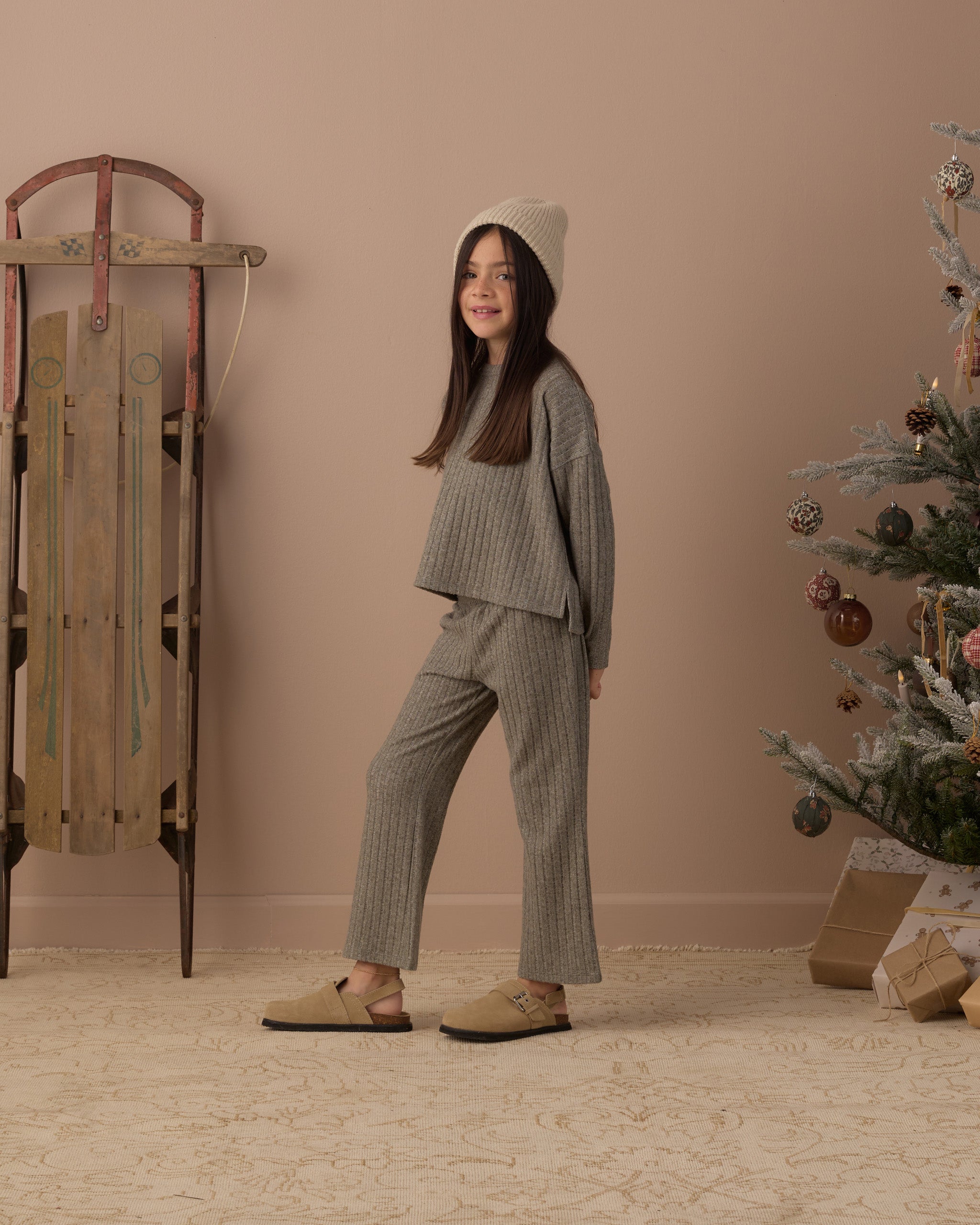 Rylee + Cru Girl's Cozy Rib Knit Set | Evergreen Model Studio Photo