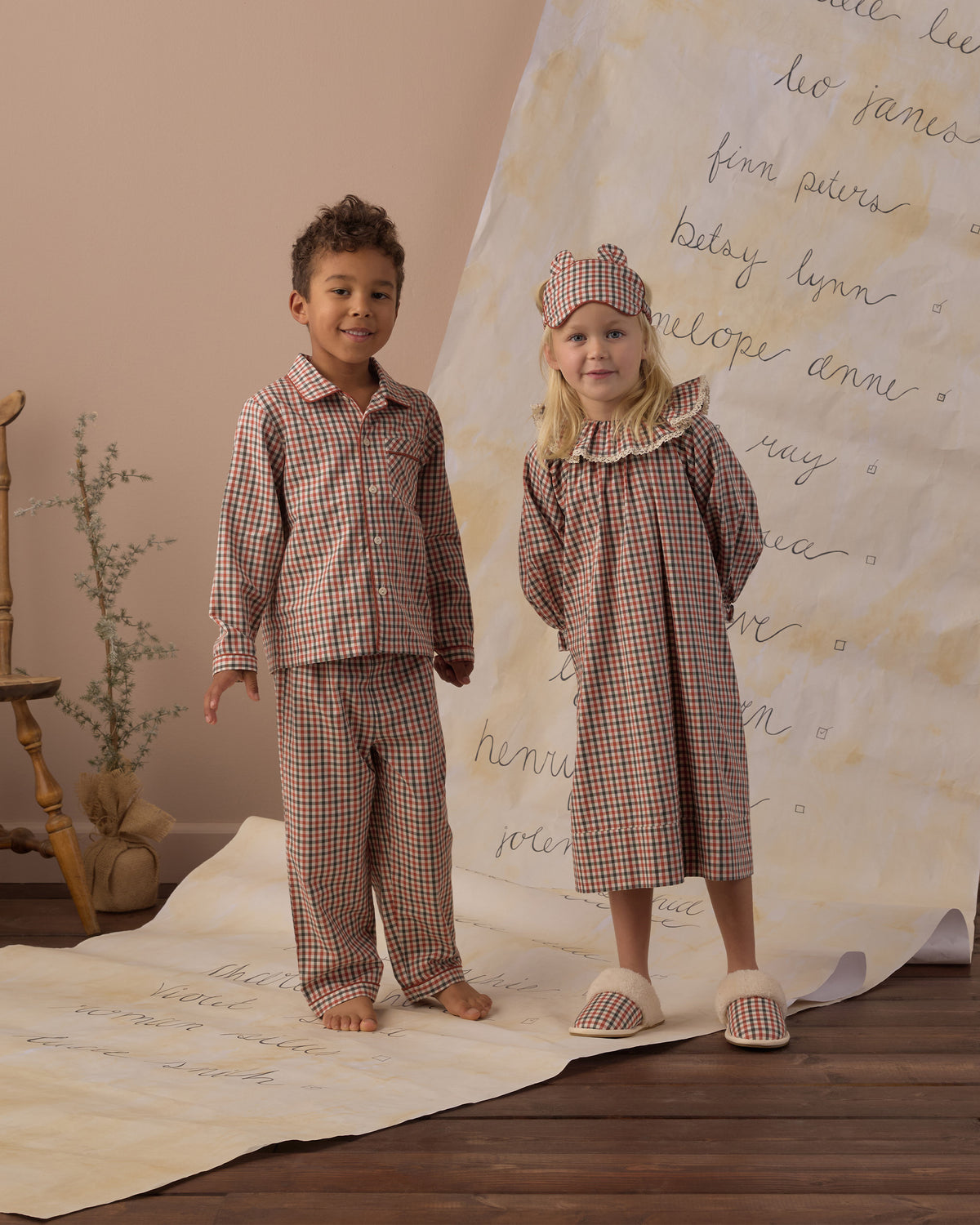 Family matching pajamas Rylee + Cru Girl's Nightgown | Holiday Gingham and Rylee + Cru Long Sleeve Pajamas | Holiday Gingham