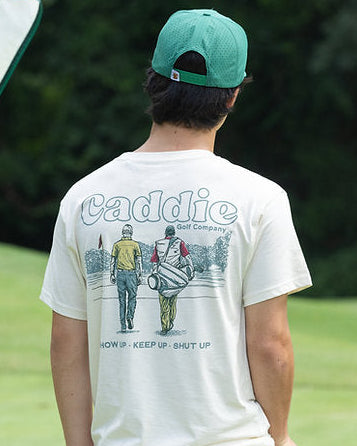 Caddie "Fairway Walk" Pocket Tee | Ivory back to camera lifestyle model photo