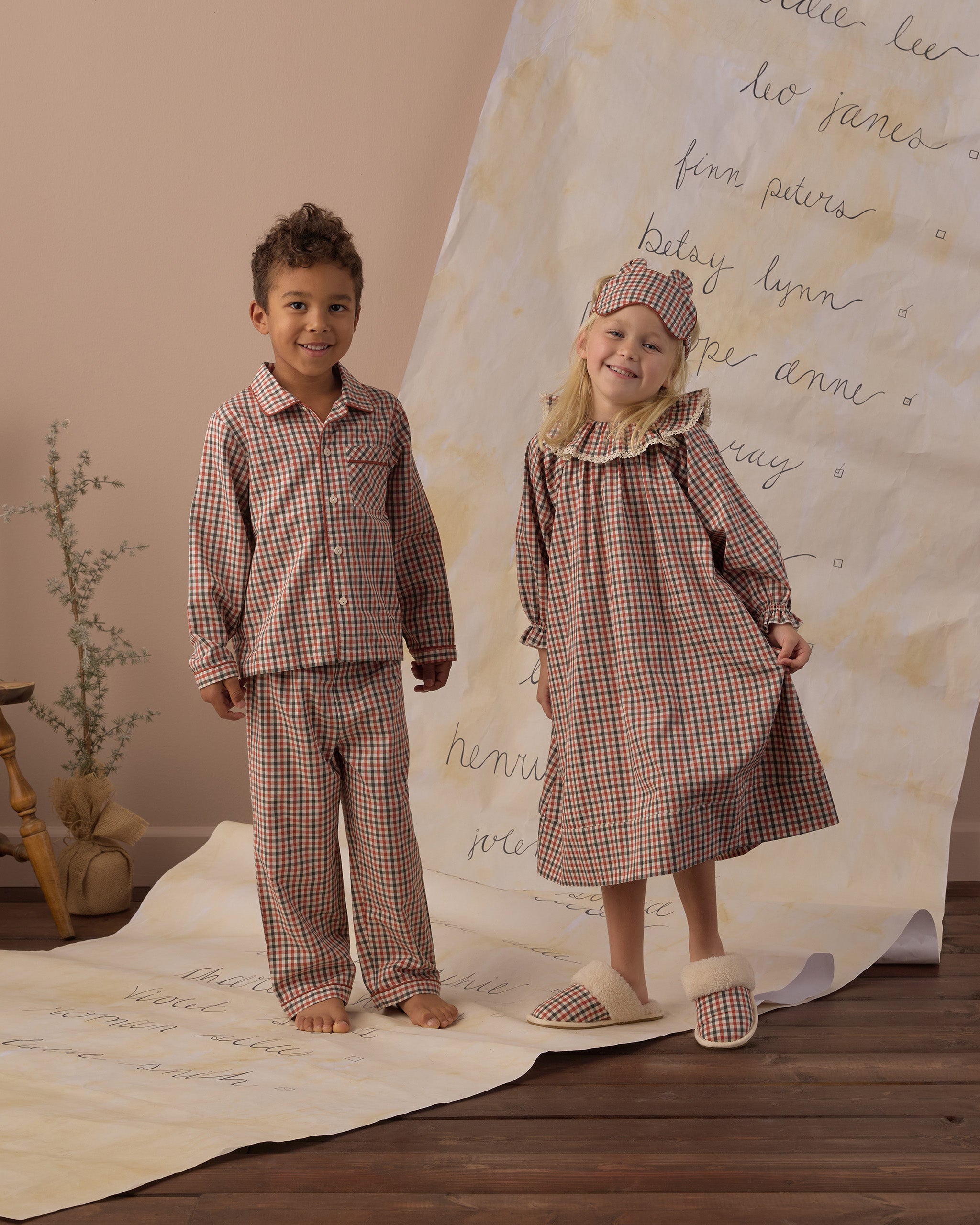 Family matching pajamas Rylee + Cru Girl's Nightgown | Holiday Gingham and Rylee + Cru Long Sleeve Pajamas | Holiday Gingham