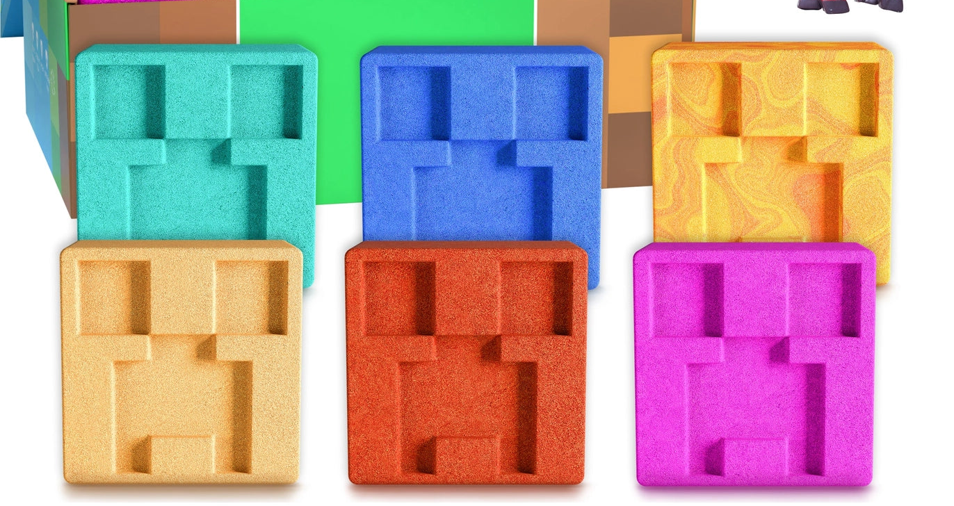 Colorful foam blocks with Minecraft-style figures and a 'TNT' box in the background.