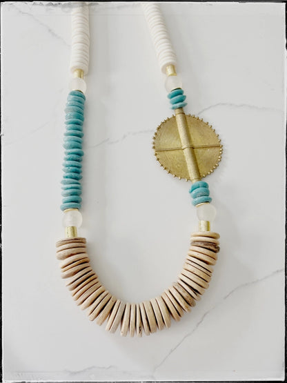 Wood & Bone Bead Statement Necklace I Turquoise