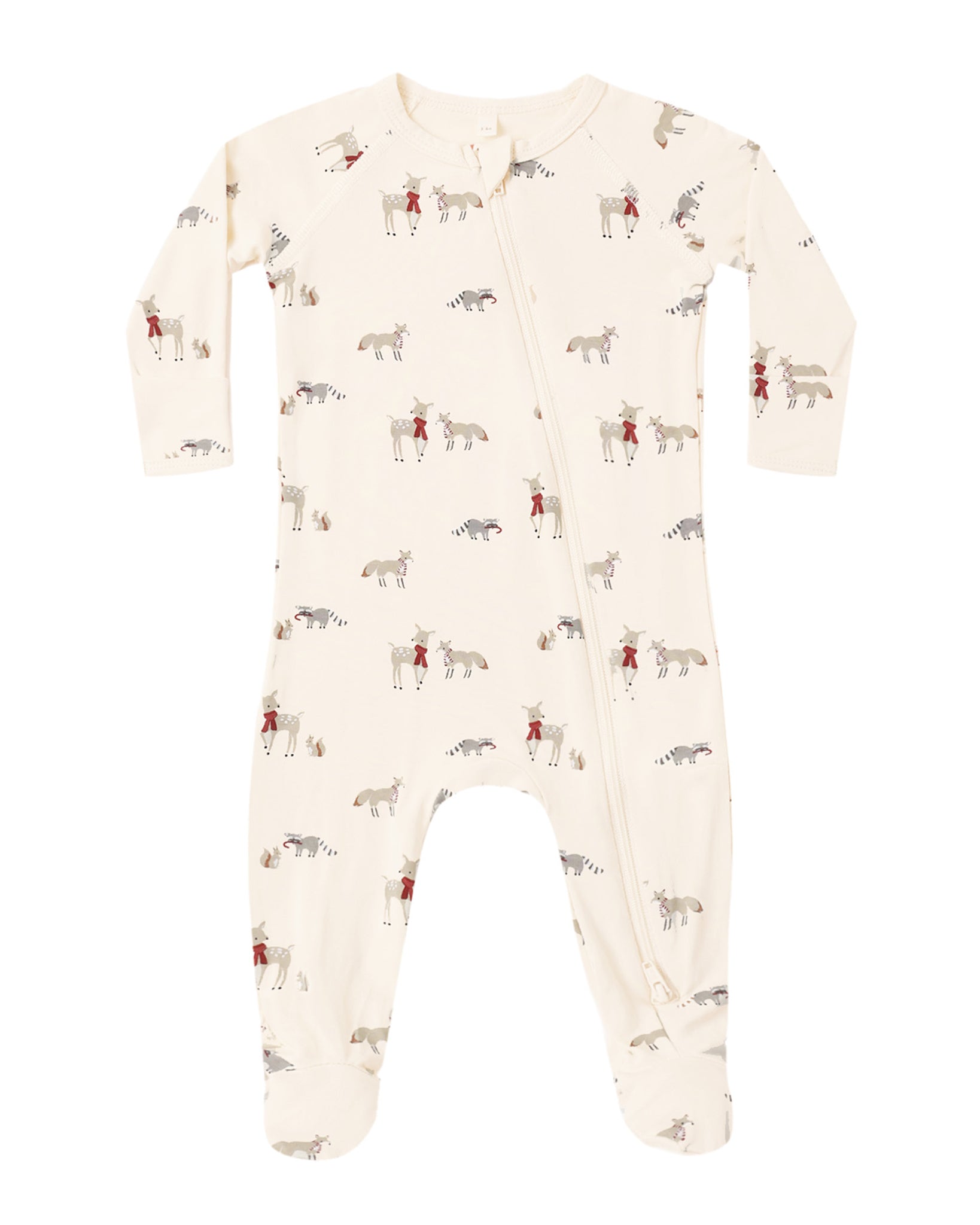 Quincy Mae Baby Bamboo Zip Footie in Forest Friends flat lay