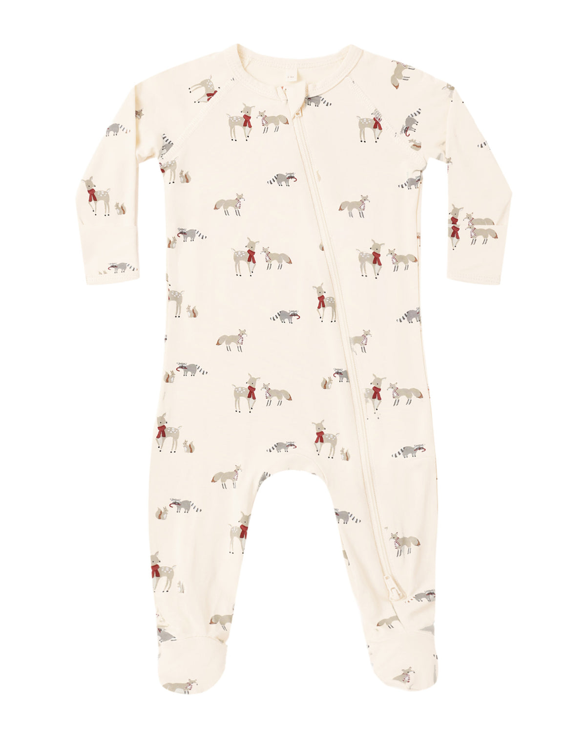 Quincy Mae Baby Bamboo Zip Footie in Forest Friends flat lay