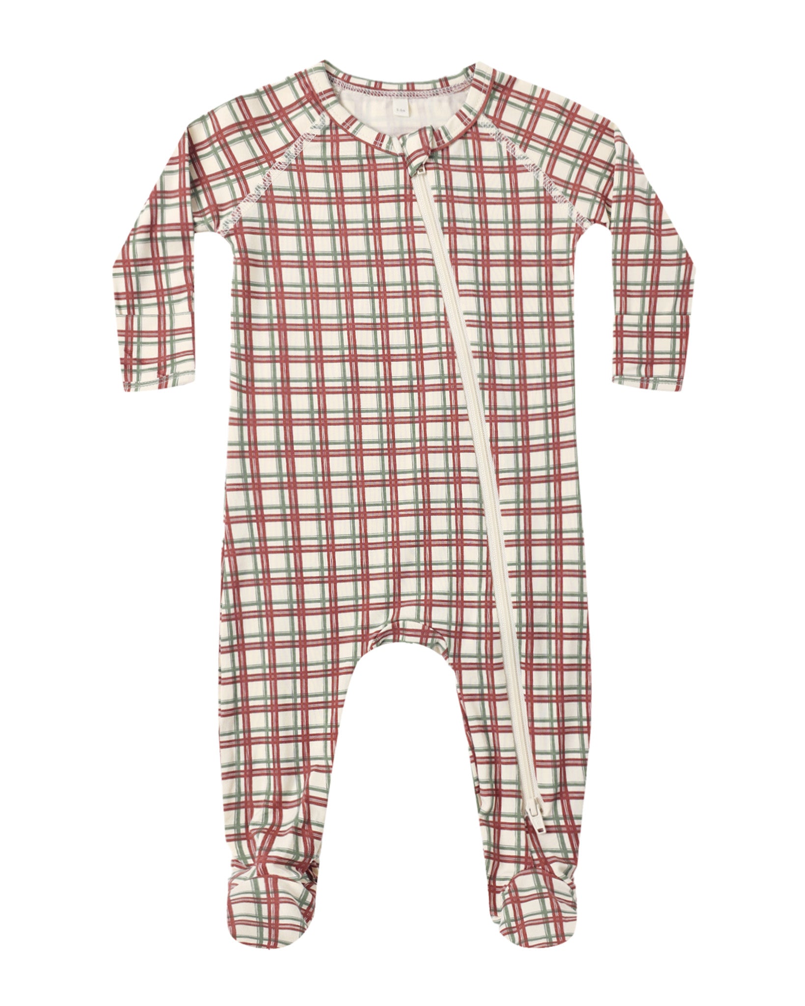 Quincy Mae Bamboo Baby Zip Footie in Redwood Check Flat Lay