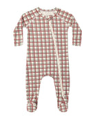 Quincy Mae Bamboo Baby Zip Footie in Redwood Check Flat Lay