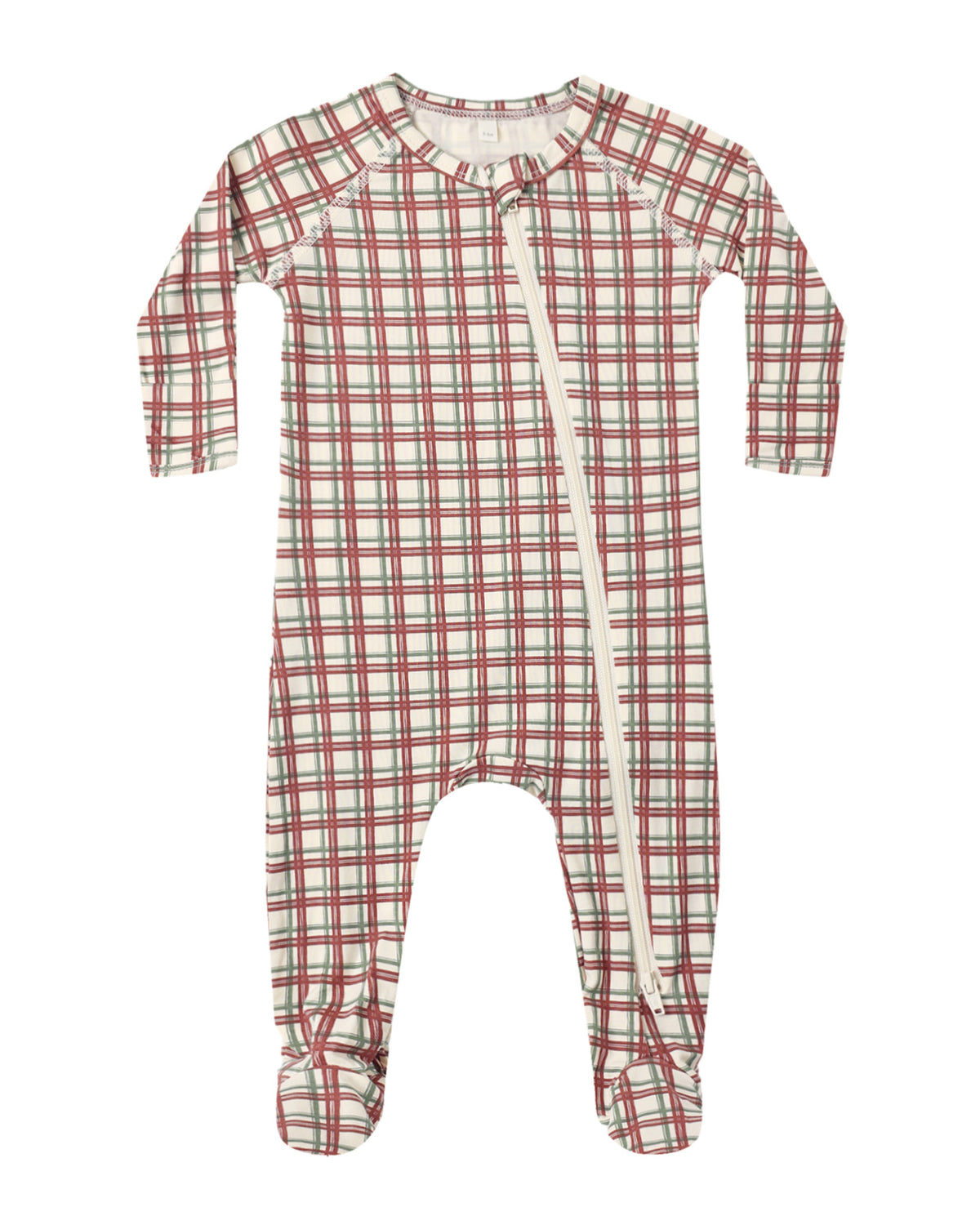 Quincy Mae Bamboo Baby Zip Footie in Redwood Check Flat Lay