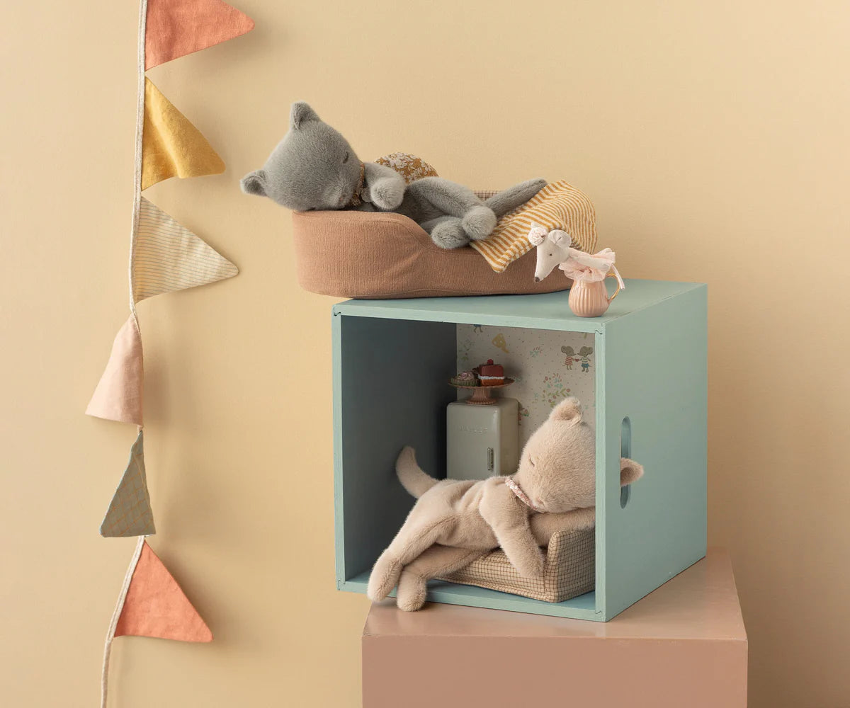 Styled Maileg Sleeping kitten plush || Small, Cream peach play scene