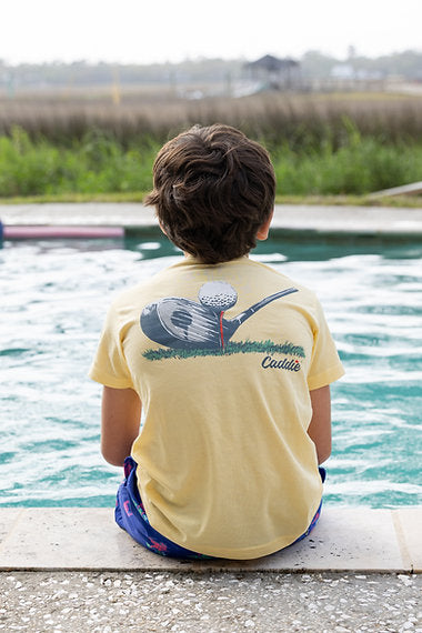 Model photo Caddie "Lined Up" Tee | Yellow back to camera angle