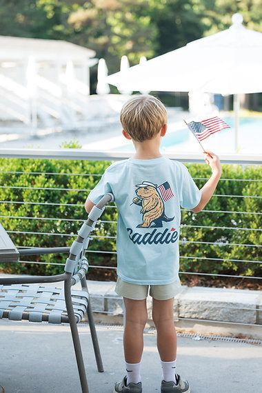 Caddie "Old Glory" Tee | Chambray model back to camera angle 