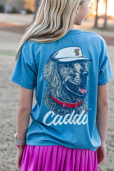 Girl wearing Caddie Retriever Pro Tee in Saltwater Blue RC117Y back to camera angle lifestyle photo