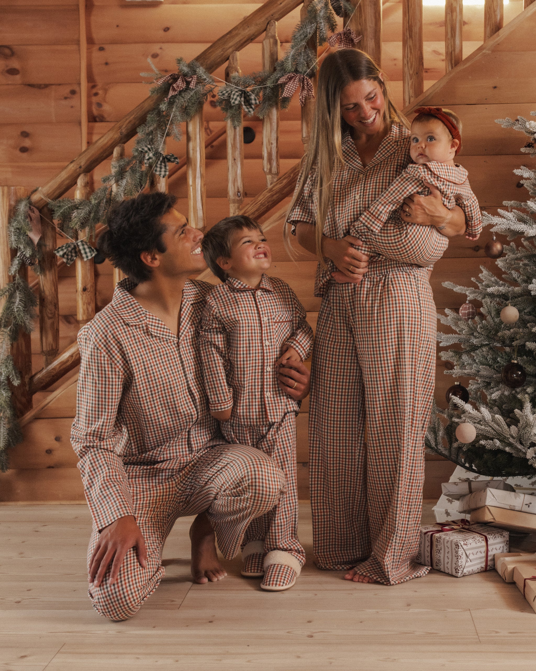 Lifestyle Family Shot of Rylee + Cru Men's Pajama Pant | Holiday Gingham Family Matching Pajamas Styled